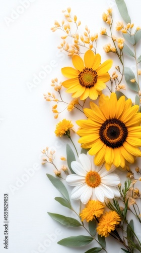 Wallpaper Mural Vibrant arrangement of sunflowers and yellow blooms against a white backdrop, ideal for use in invitations, greeting cards, or digital marketing materials to evoke feelings of joy and warmth, Torontodigital.ca