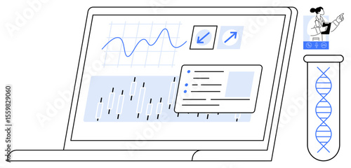 Laptop displaying data charts, graphs, and analysis elements alongside a DNA helix in a test tube and a scientist. Ideal for biotechnology, research, analytics, innovation, progress, education