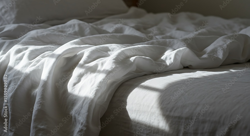 custom made wallpaper toronto digitalSoft, white linen bedding with sunlight creating shadows and textures on the rumpled fabric.