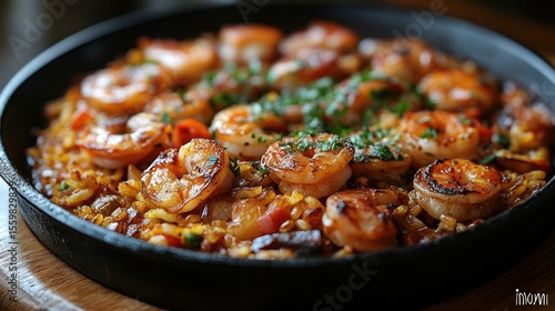 Delicious shrimp paella in a black skillet close-up, spanish traditional meal