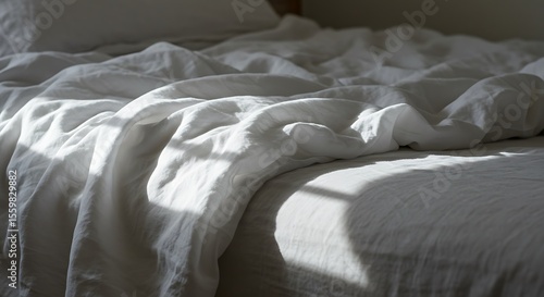 Wallpaper Mural Soft, white linen bedding with sunlight creating shadows and textures on the rumpled fabric. Torontodigital.ca