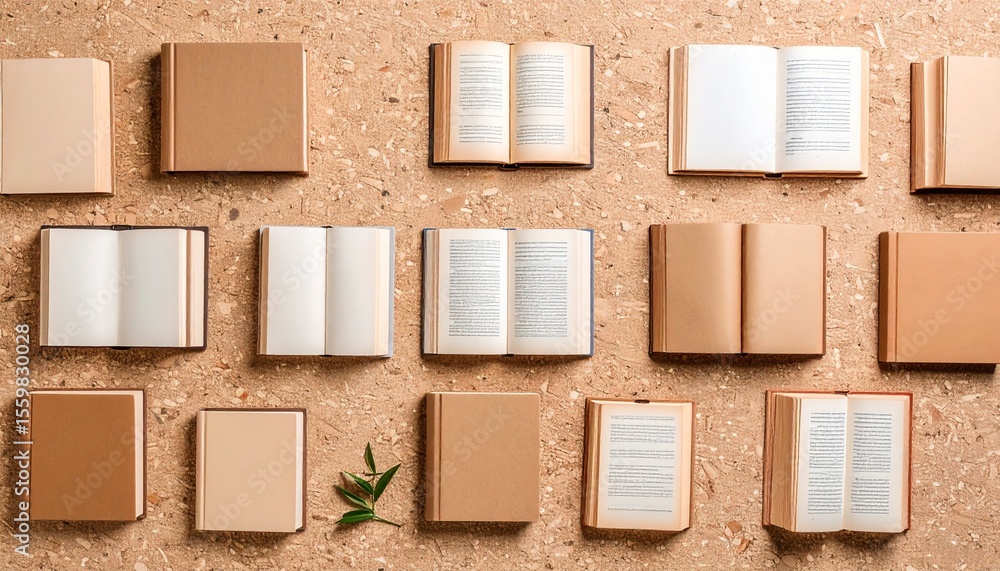 Fototapeta premium A wall of books displayed in dynamic flat lay with warm hues on cork background