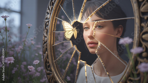 Woman gazing at a cracked mirror with golden butterfly and glowing shards