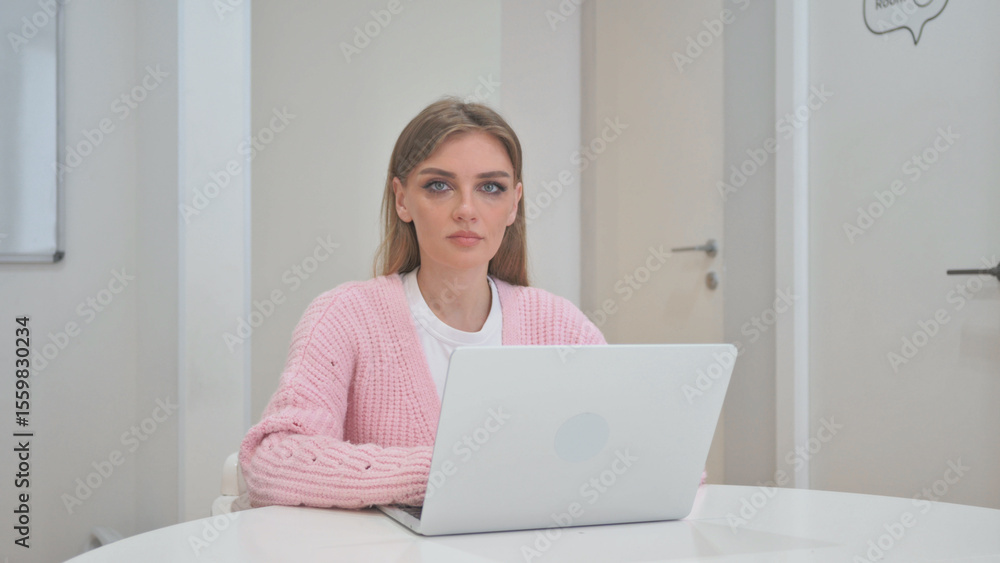 Denying Business Woman with rejection Gestures at Work Denying Business Woman with rejection Gestures at Work