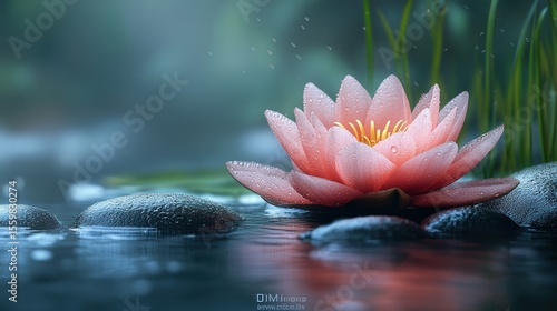 Tranquil Lotus Bloom in Serene Water Garden Landscape with Stone Accents