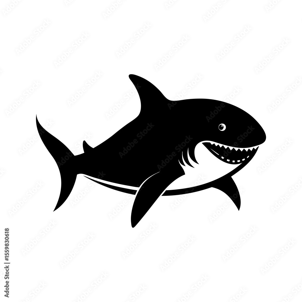 Obraz premium Stylized Black Silhouette of a Great White Shark with a Friendly Smile and Sharp Teeth on a White Background