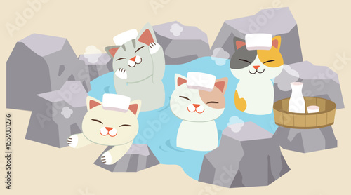Four cats enjoy a hot spring bath complete with head towels set among grey rocks