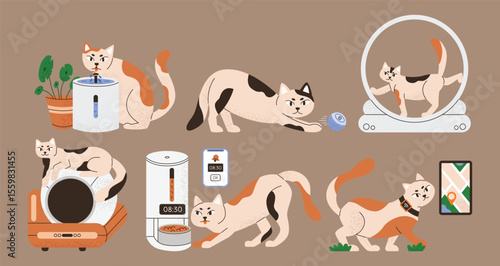 Six cats engage with modern techwater fountain autofeeder activity wheel litter box ball toy and GPS tracker