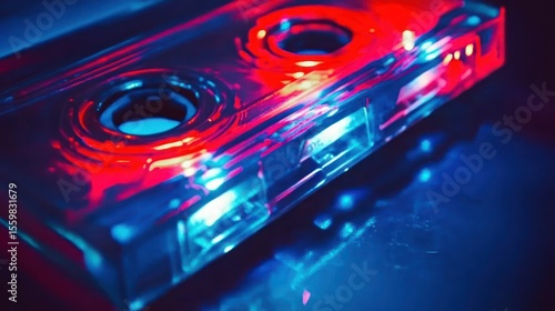 Neon-lit cassette tape reflects on dark surface, 80s vibe, music nostalgia, album art