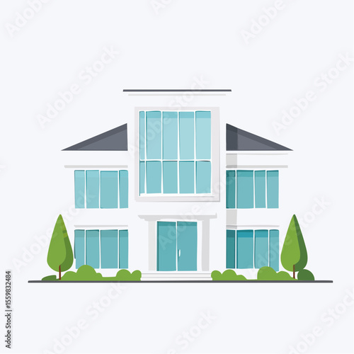 clean facade of a modern house with straight lines, large windows, and a neutral background