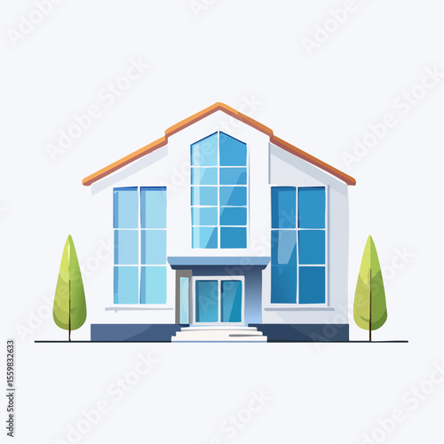 clean facade of a modern house with straight lines, large windows, and a neutral background