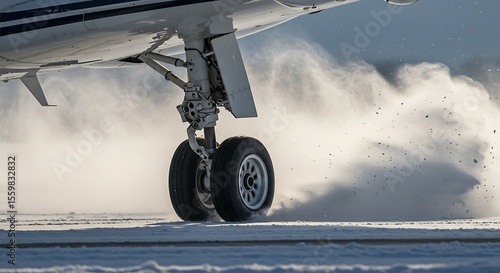 Jet aircraft landing gear in action on a snow-covered runway, Close-up of a plane's landing gear kicking up snow during touchdown in winter