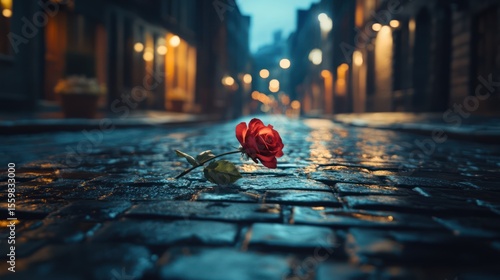 Wet cobblestone street, single red rose, night city lights, romance, lost love