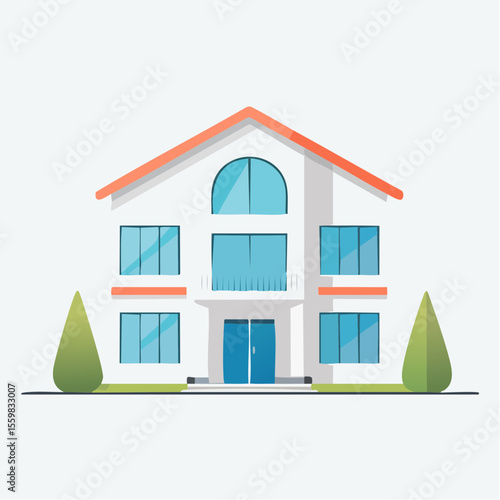 clean facade of a modern house with straight lines, large windows, and a neutral background