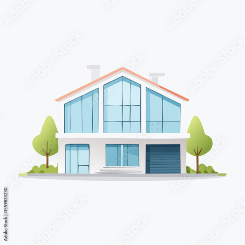 clean facade of a modern house with straight lines, large windows, and a neutral background