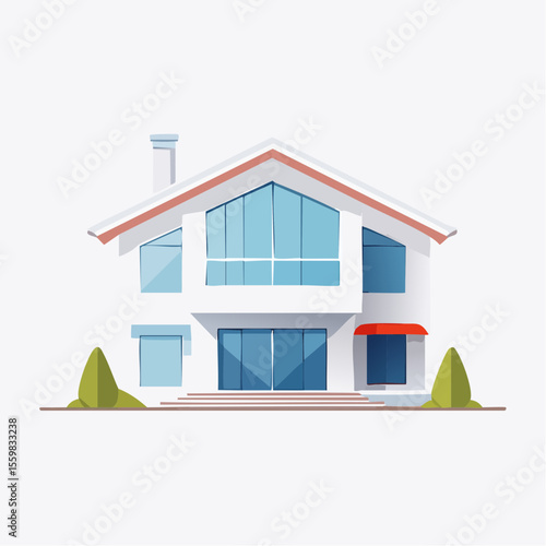 clean facade of a modern house with straight lines, large windows, and a neutral background