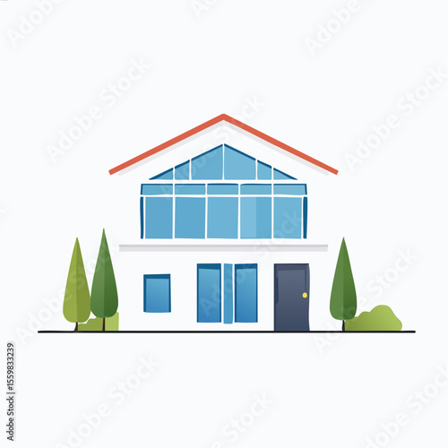 clean facade of a modern house with straight lines, large windows, and a neutral background