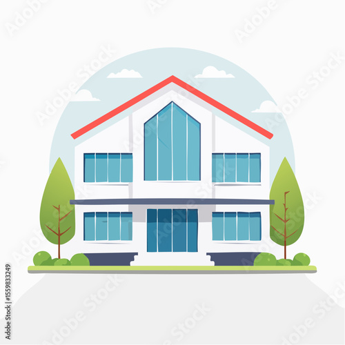 clean facade of a modern house with straight lines, large windows, and a neutral background