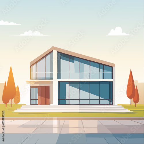 clean facade of a modern house with straight lines, large windows, and a neutral background