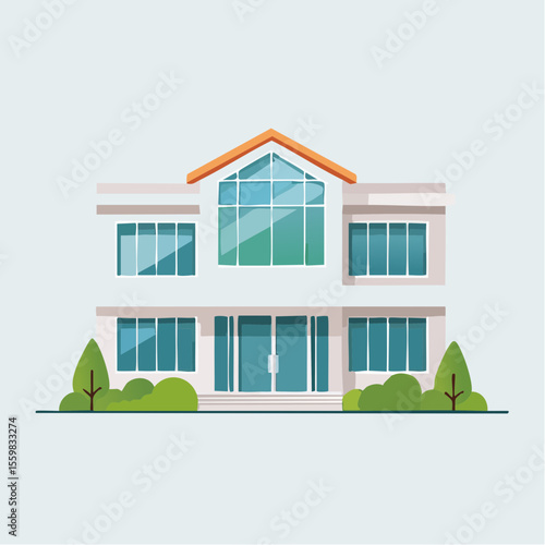 clean facade of a modern house with straight lines, large windows, and a neutral background