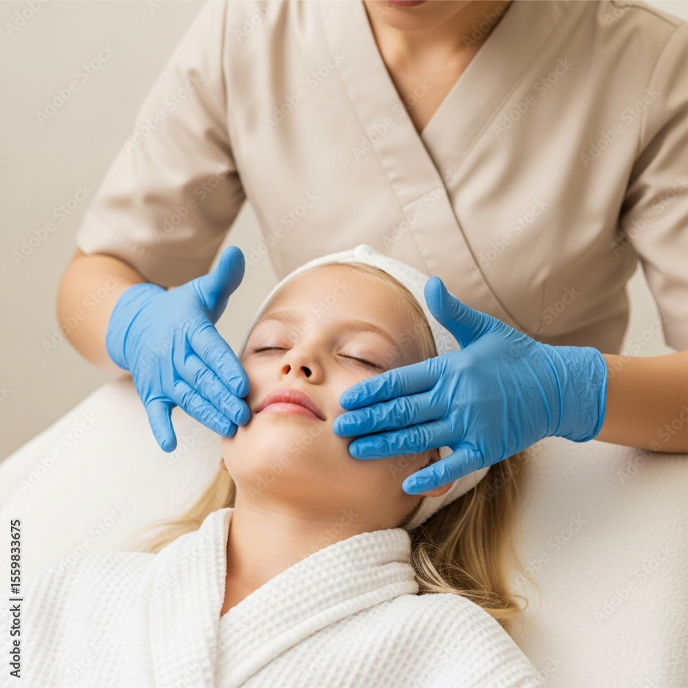 Naklejka premium Beauty Treatment. Calm girl receiving face massage from cosmetologist who wearing protective gloves, isolated