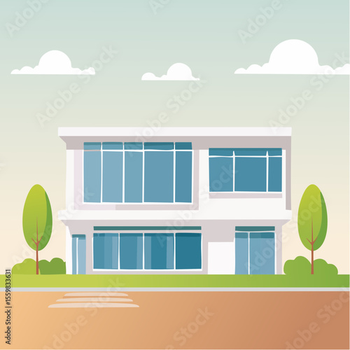 clean facade of a modern house with straight lines, large windows, and a neutral background