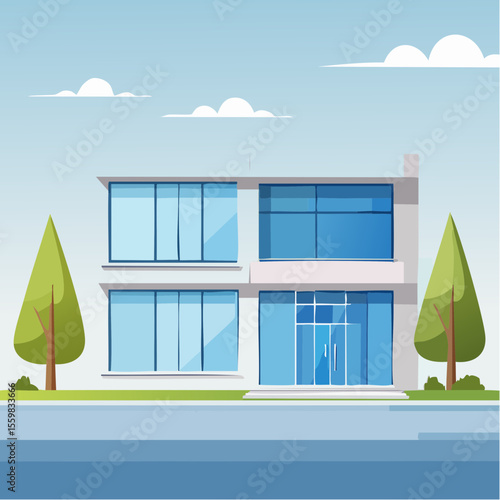 clean facade of a modern house with straight lines, large windows, and a neutral background