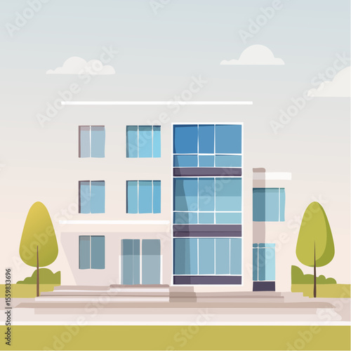 clean facade of a modern house with straight lines, large windows, and a neutral background