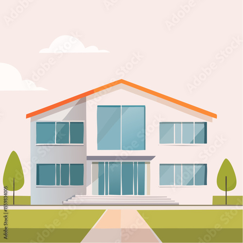 clean facade of a modern house with straight lines, large windows, and a neutral background
