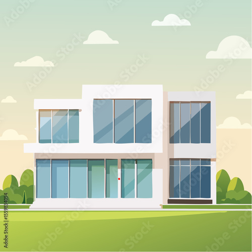 clean facade of a modern house with straight lines, large windows, and a neutral background