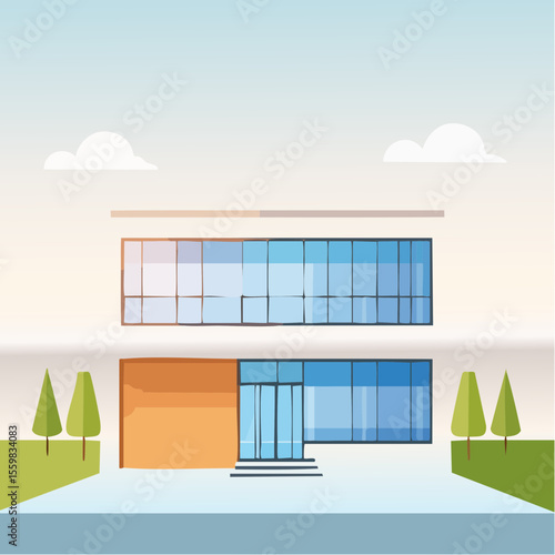 clean facade of a modern house with straight lines, large windows, and a neutral background