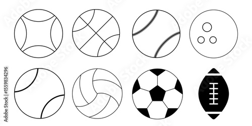 Flat minimalist sports ball icon set in vector EPS 10. Includes multiple types of sports balls like football, basketball, tennis ball, and more. Perfect for sports apps, fitness graphics, athletic 