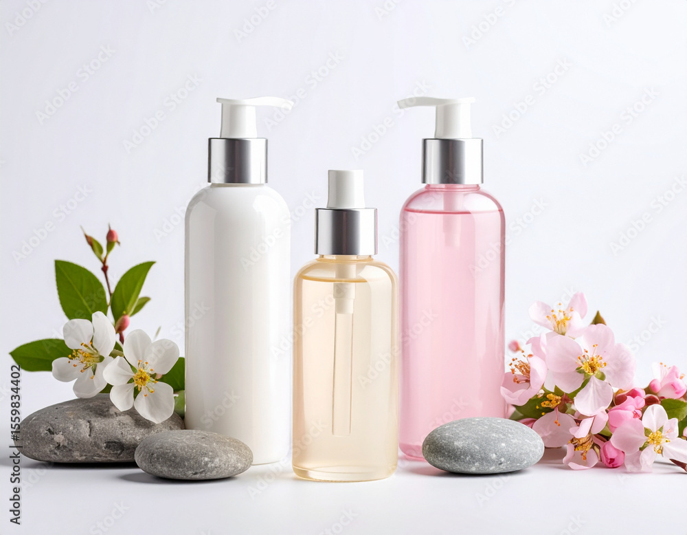 Aesthetic glass skincare bottles in pastel tones with flower decoration, suitable for cosmetic ads and branding. Aesthetic glass skincare bottles in pastel tones with flower decoration, suitable for cosmetic ads and branding.