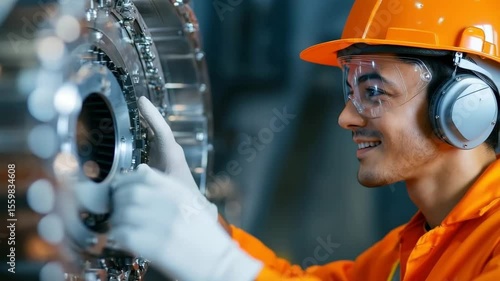 Engineer safety helmet, protective glasses, gloves, and headphones operating industrial machinery with precision and safety modern factory, focusing mechanical inspection, maintenance,