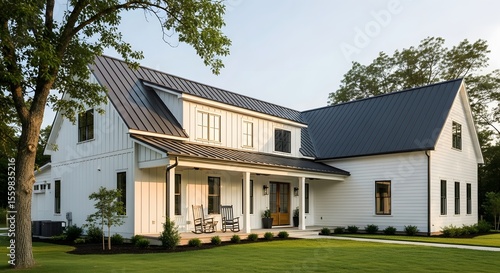 Exterior view of a modern farmhouse with white siding and a dark metal roof on a green lawn