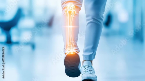 Human leg bone anatomy and medical healthcare orthopedic pain injury joint technology, walking skeleton muscle rehabilitation treatment, digital x ray diagnosis, knee joint discomfort, hospital