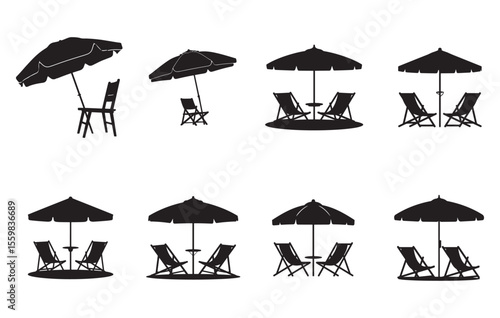 Eight Black Silhouettes Beach Umbrella Parasols Deck Chairs Table Set Summer Vacation Relaxation