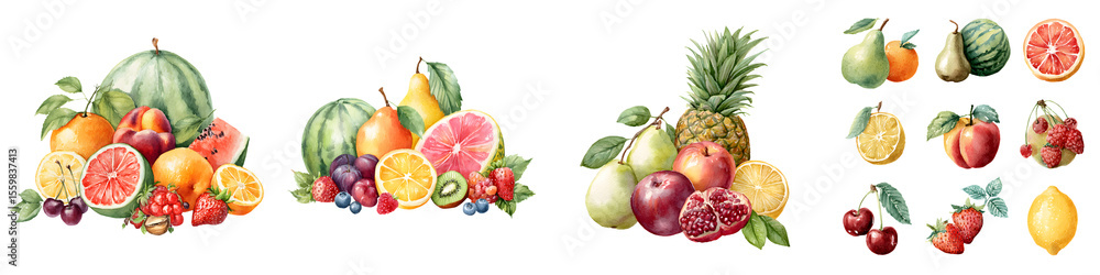 Watercolor Fruit Composition: Fresh and Vibrant Fruit Set Watercolor Fruit Composition: Fresh and Vibrant Fruit Set