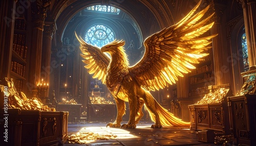 Majestic golden griffin resting gracefully inside a treasure chamber of a grand church