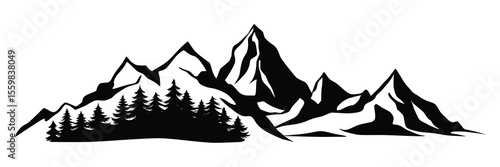 Silhouette mountain range and forest isolated on white background, vector design