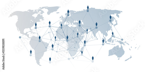 Concept illustration of a global social or business network. Stylized human figures are interconnected by lines and nodes. World map background, symbolizing worldwide collaboration and communication
