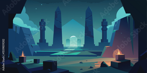 Urban night cityscape with towering buildings and a moonlit sky