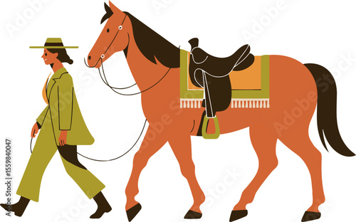 A stylish woman in a hat and a coordinated suit walks alongside a saddled horse, creating an elegant and classic equestrian scene.