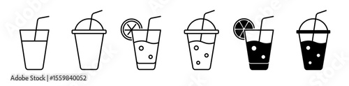 Cold drink icon set. Milkshake, smoothie, iced coffee or bubble tea symbol. Plastic cup with dome. Vector illustration. 