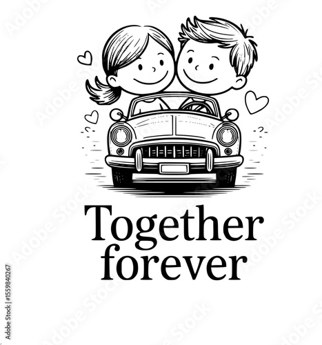 just married car, forever together banner, forever always sign, romantic wedding car, newlywed car decoration, just married banner, wedding car clipart, love forever couple, bride groom car ride, coup