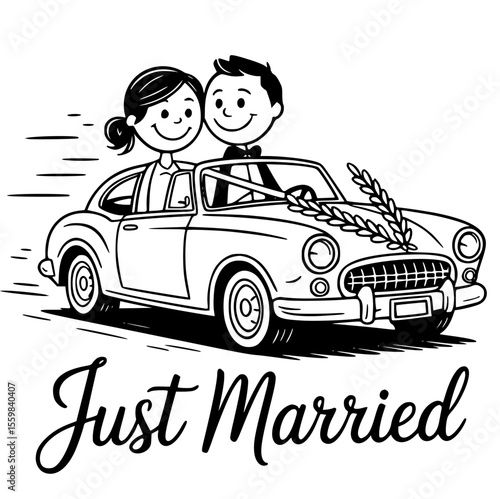 just married couple driving away in romantic wedding car celebrating love and new beginnings