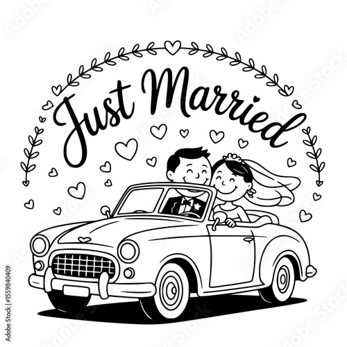 vintage style just married car with bride and groom driving away, decorated with cans, flowers and love signs