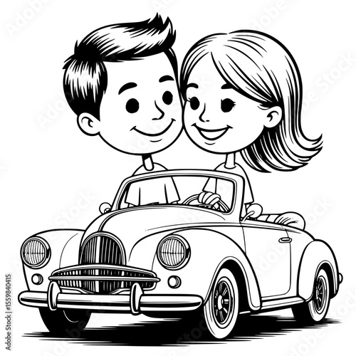 elegant vintage just married car with bride and groom driving away in a timeless classic romantic wedding car