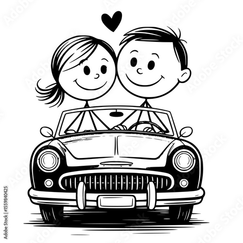 minimalist black and white just married car elegant vintage wedding vehicle bride and groom illustration