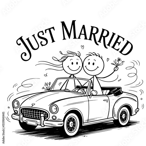 vintage style just married car with bride and groom driving away, decorated with cans, flowers and love signs